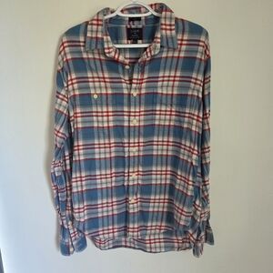 J. Crew Men's Red and Blue Plaid Flannel Shirt Cotton Western Cowboy Size L